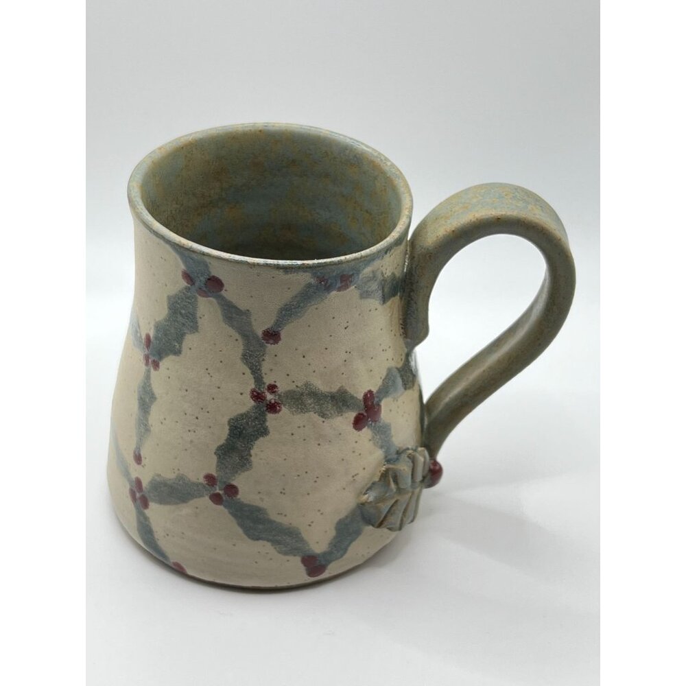 Handcrafted Stoneware Mug Rustic Holly Berry Pattern holds 12 flo oz - Picture 5 of 10